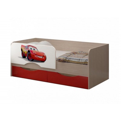 Детская кровать Юниор-12 (1,6м) МДФ с фотопечатью (красный мет./ясень шимо св./Тачки)